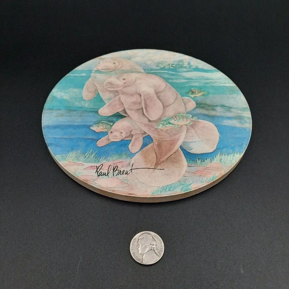 Paul Brent‎ Manatee Family Round Ceramic Coaster Replacement With Cork Backing